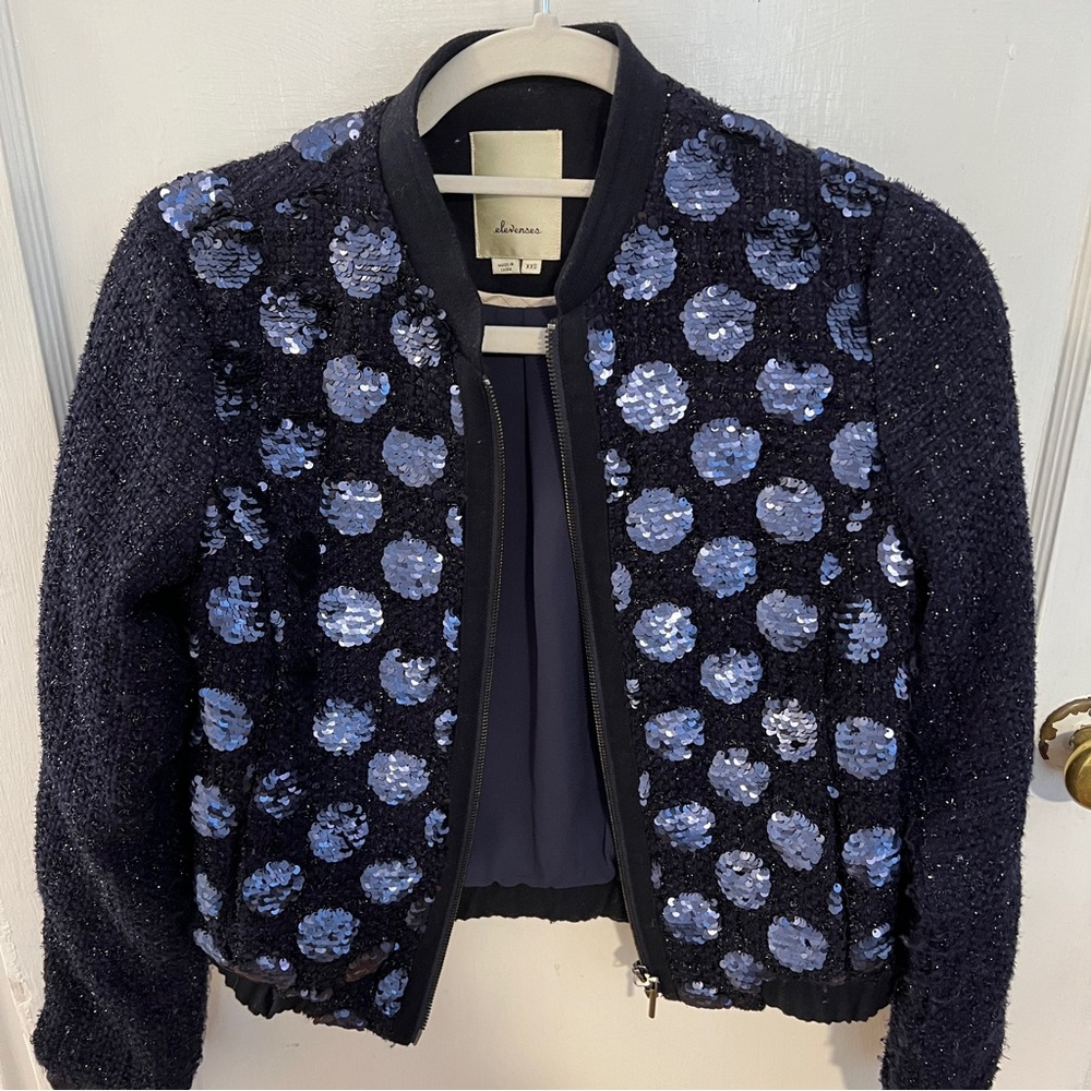 Navy Blue tweed and sequin bomber jacket from Anthropologie - Elevenses